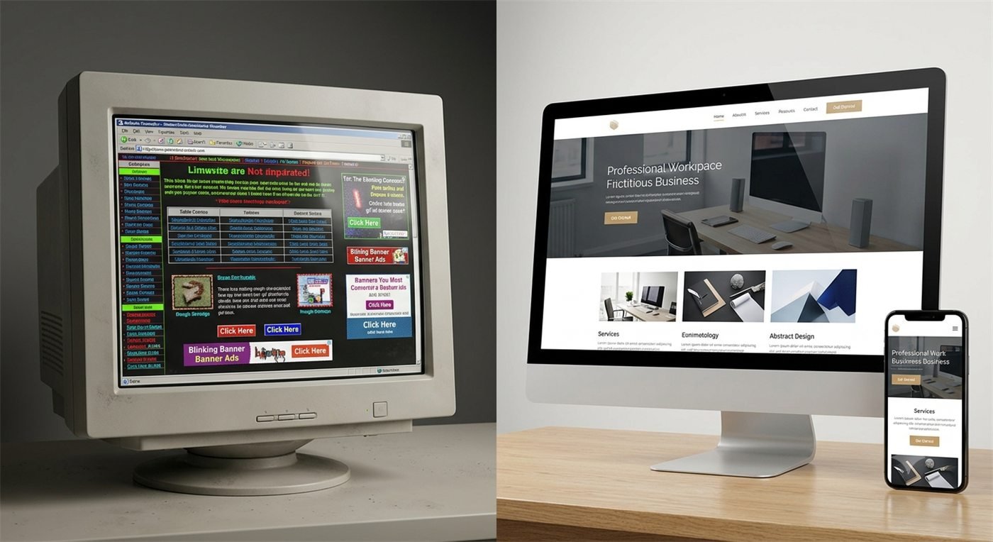 Comparaison entre un site web basique et daté (à gauche) et un site web moderne et professionnel réalisé par Krit Digital (à droite)