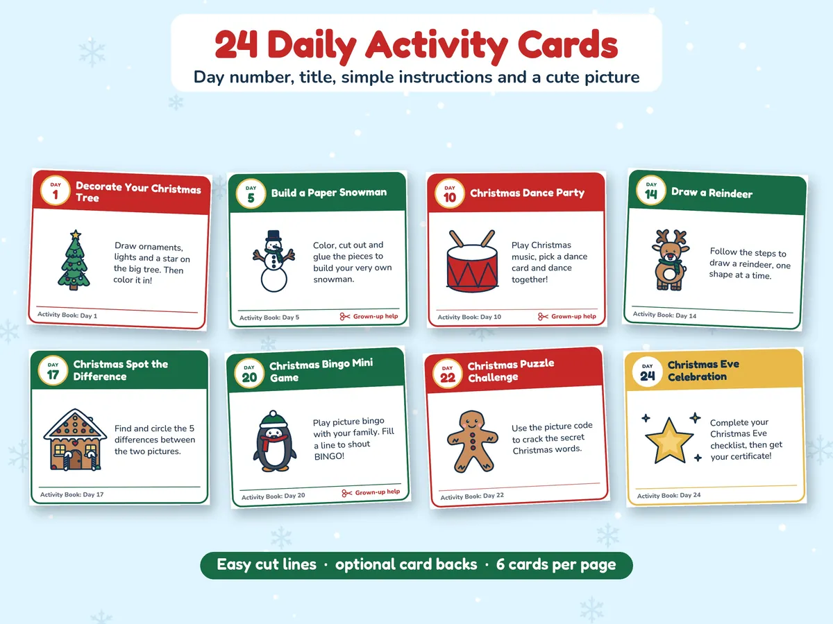 Advent activity cards for kids, each with a day number, a title, short instructions and a picture, such as Decorate Your Christmas Tree and Draw a Reindeer