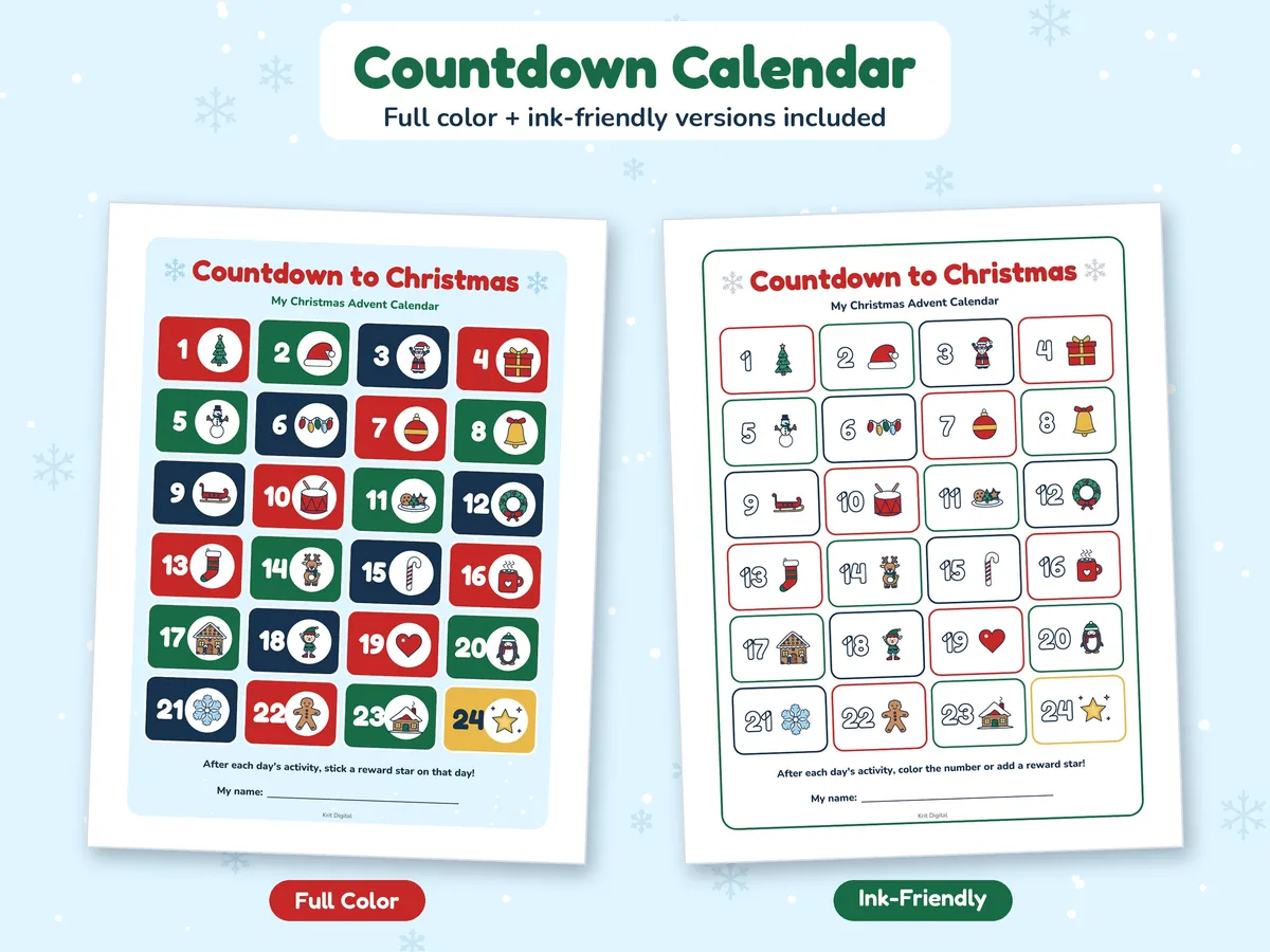 Countdown to Christmas chart with 24 numbered boxes, shown in a full color version and an ink-friendly version