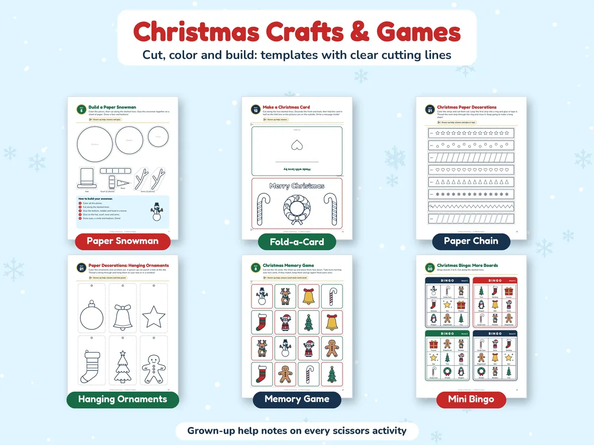 Christmas craft and game templates for kids: a paper snowman, a fold-a-card, a paper chain, hanging ornaments, a memory game and mini bingo boards