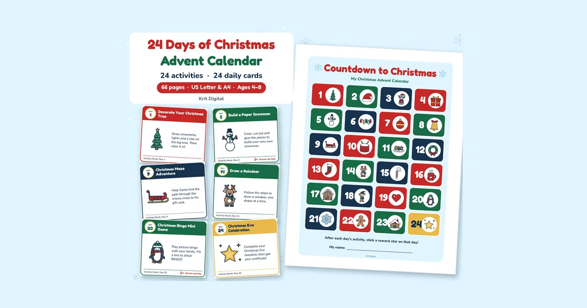 Printed Countdown to Christmas chart with 24 numbered boxes next to daily advent activity cards for kids