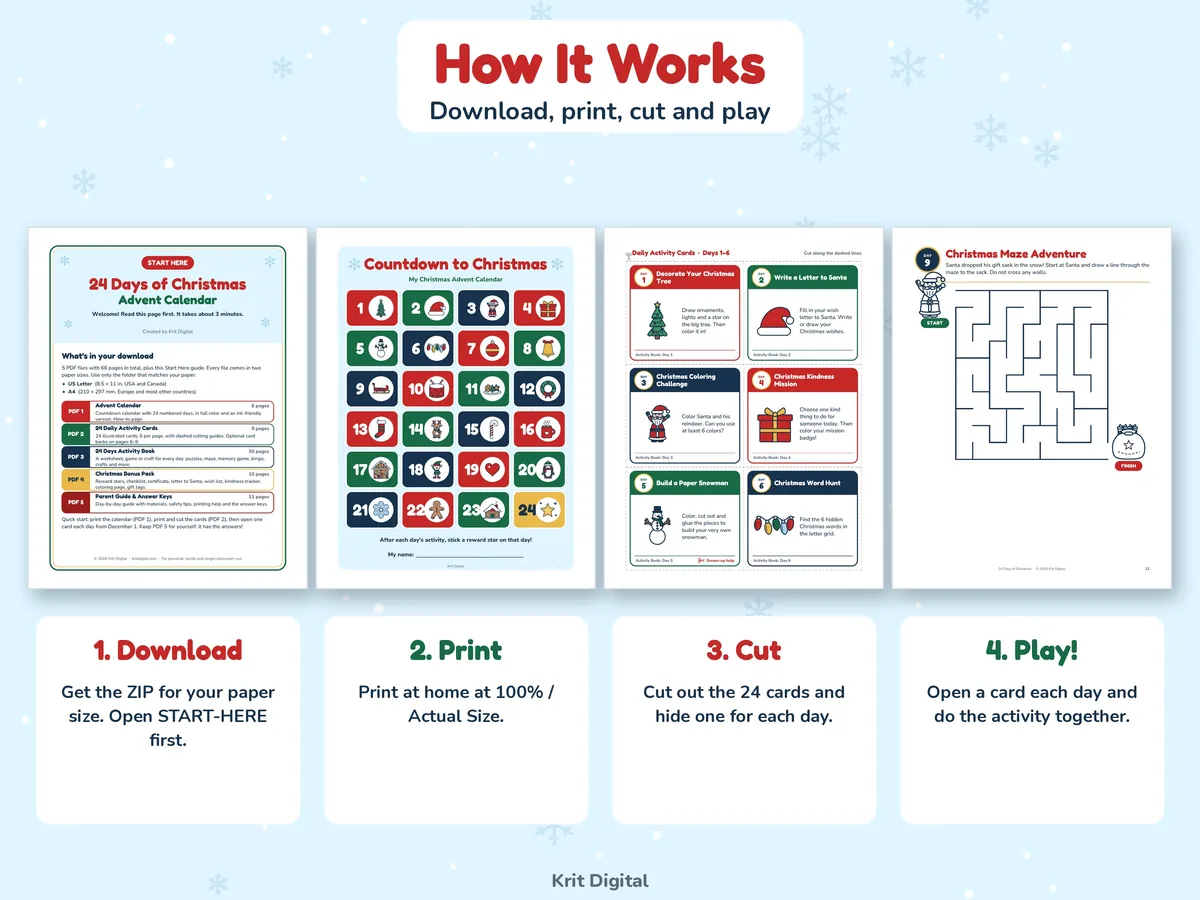 How the printable advent calendar works: download, print at 100%, cut out the 24 cards and hide one for each day, then open a card each day