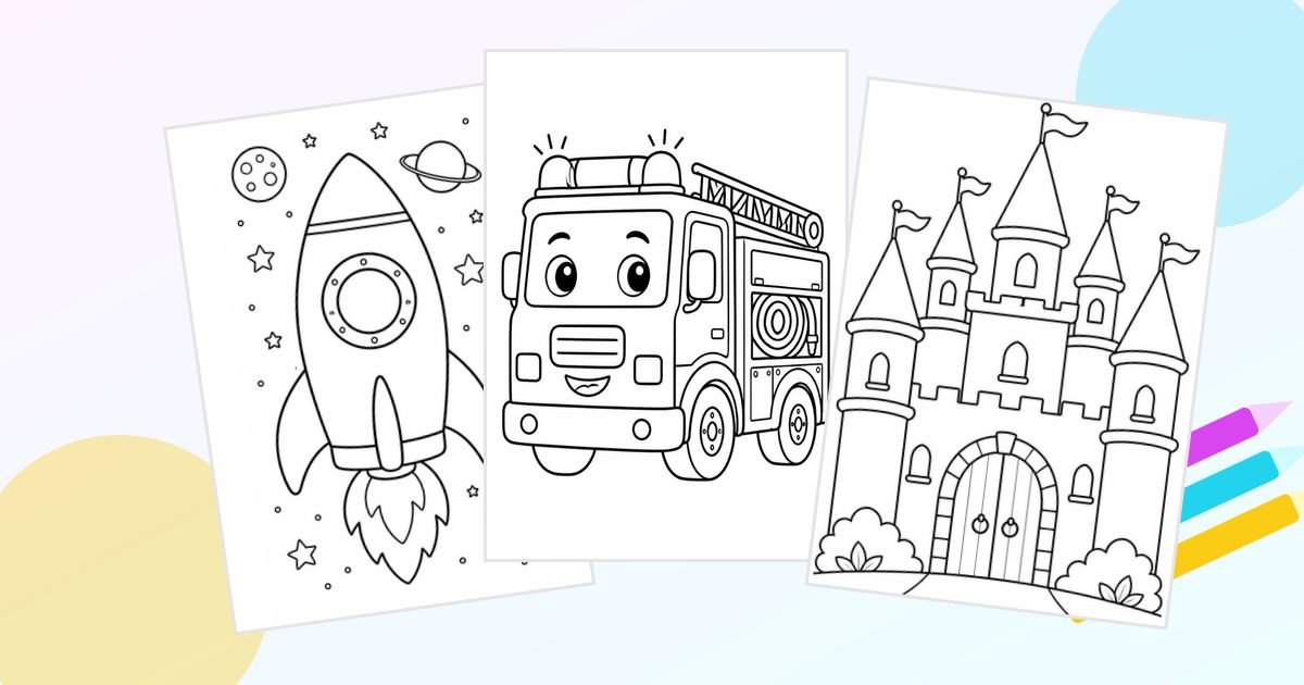 Three kids coloring pages — a rocket, a smiling fire truck and a castle — with colored pencils