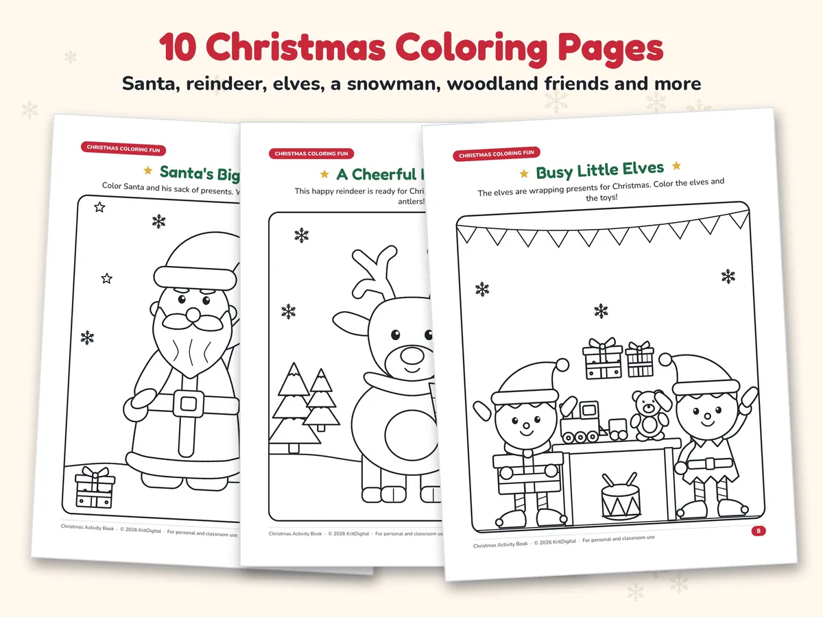 Three Christmas coloring pages for kids showing Santa with his sack, a cheerful reindeer and two elves wrapping toys