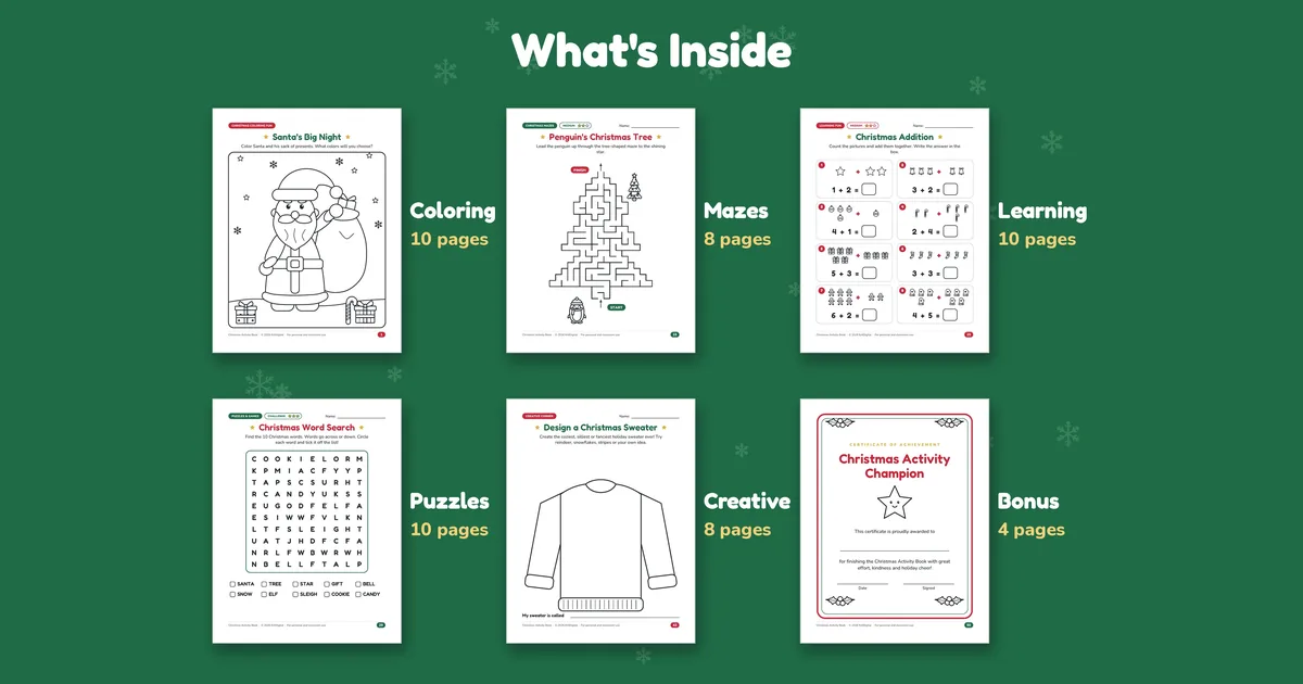 Overview of Christmas activity pages for kids: a Santa coloring page, a tree-shaped maze, an addition worksheet, a word search, a sweater design page and a certificate