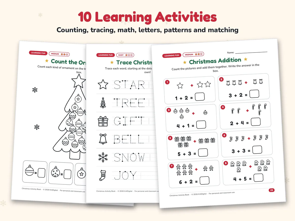 Christmas learning worksheets for counting ornaments, tracing holiday words and adding pictures