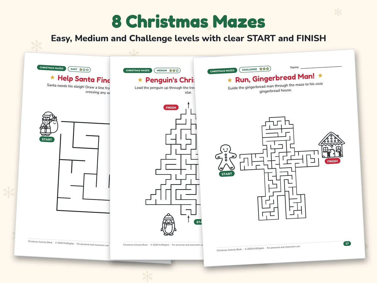 Three Christmas mazes for kids in easy, medium and challenge levels, including a tree-shaped maze and a gingerbread man maze