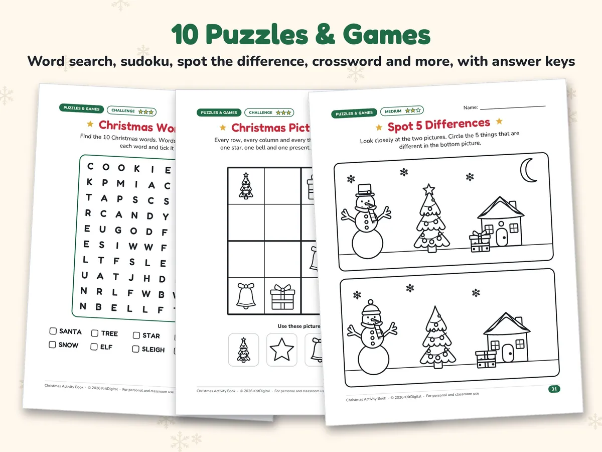 Christmas word search, picture sudoku and spot the difference puzzle pages for kids