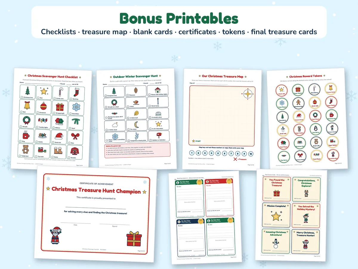 Christmas scavenger hunt checklists, an outdoor winter hunt, a treasure map, reward tokens, a certificate, blank clue cards and final treasure cards