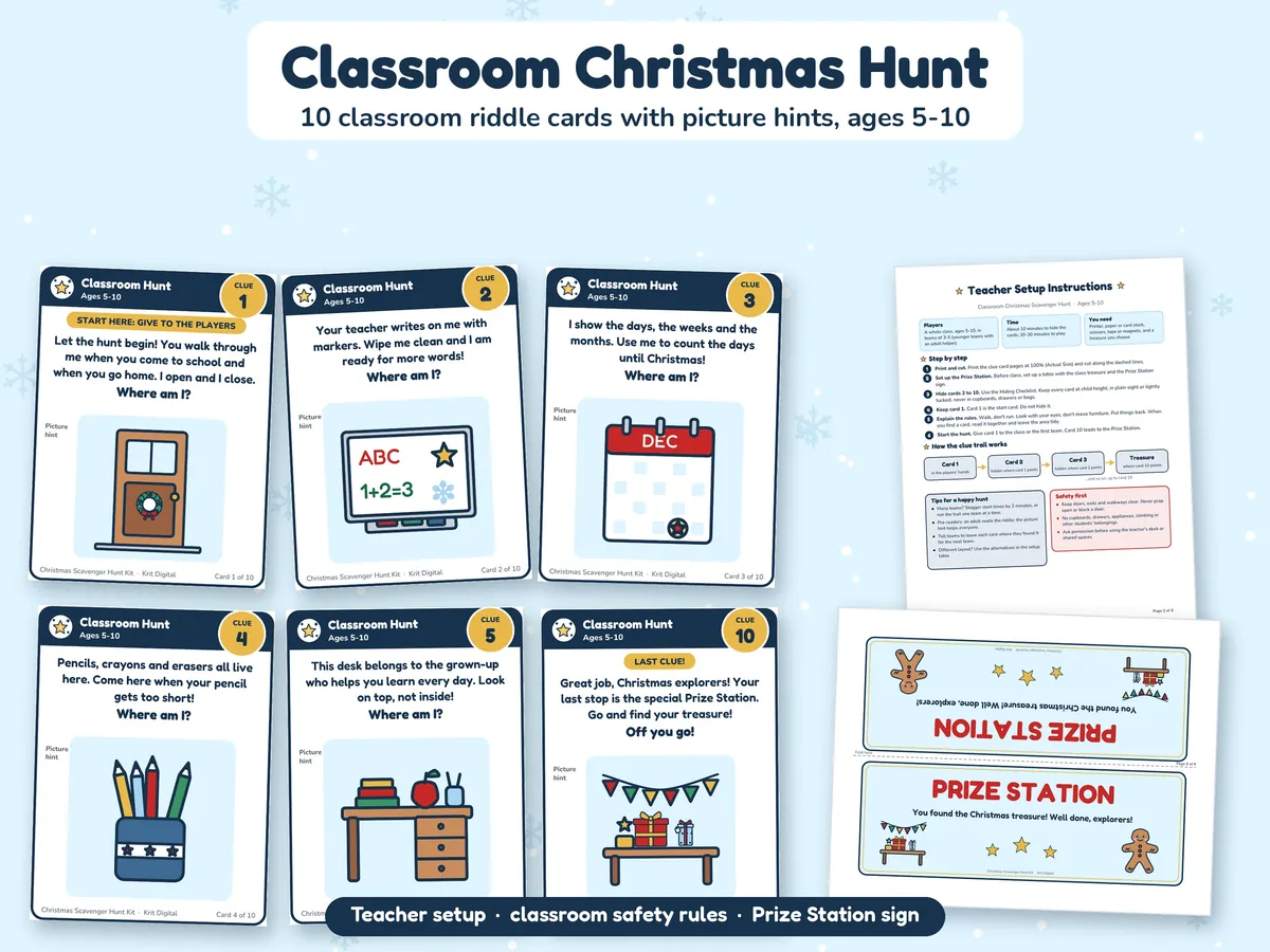 Classroom Christmas scavenger hunt riddle cards with picture hints, a teacher setup page and a Prize Station sign