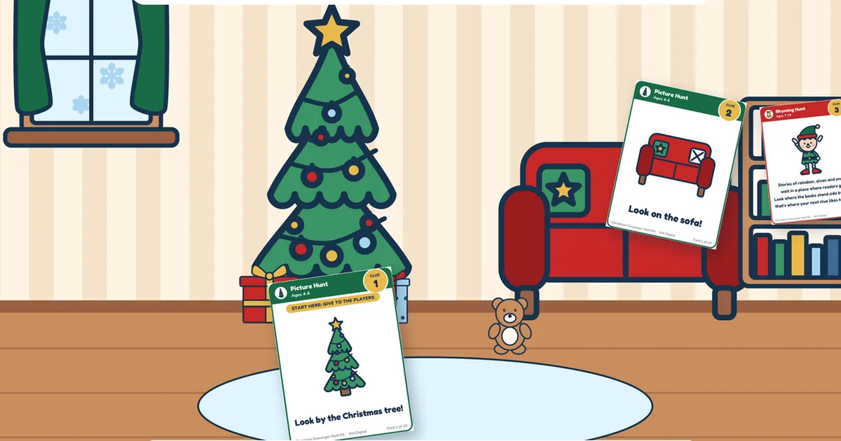 Illustrated living room with Christmas scavenger hunt clue cards by the tree, on the sofa and on the bookshelf