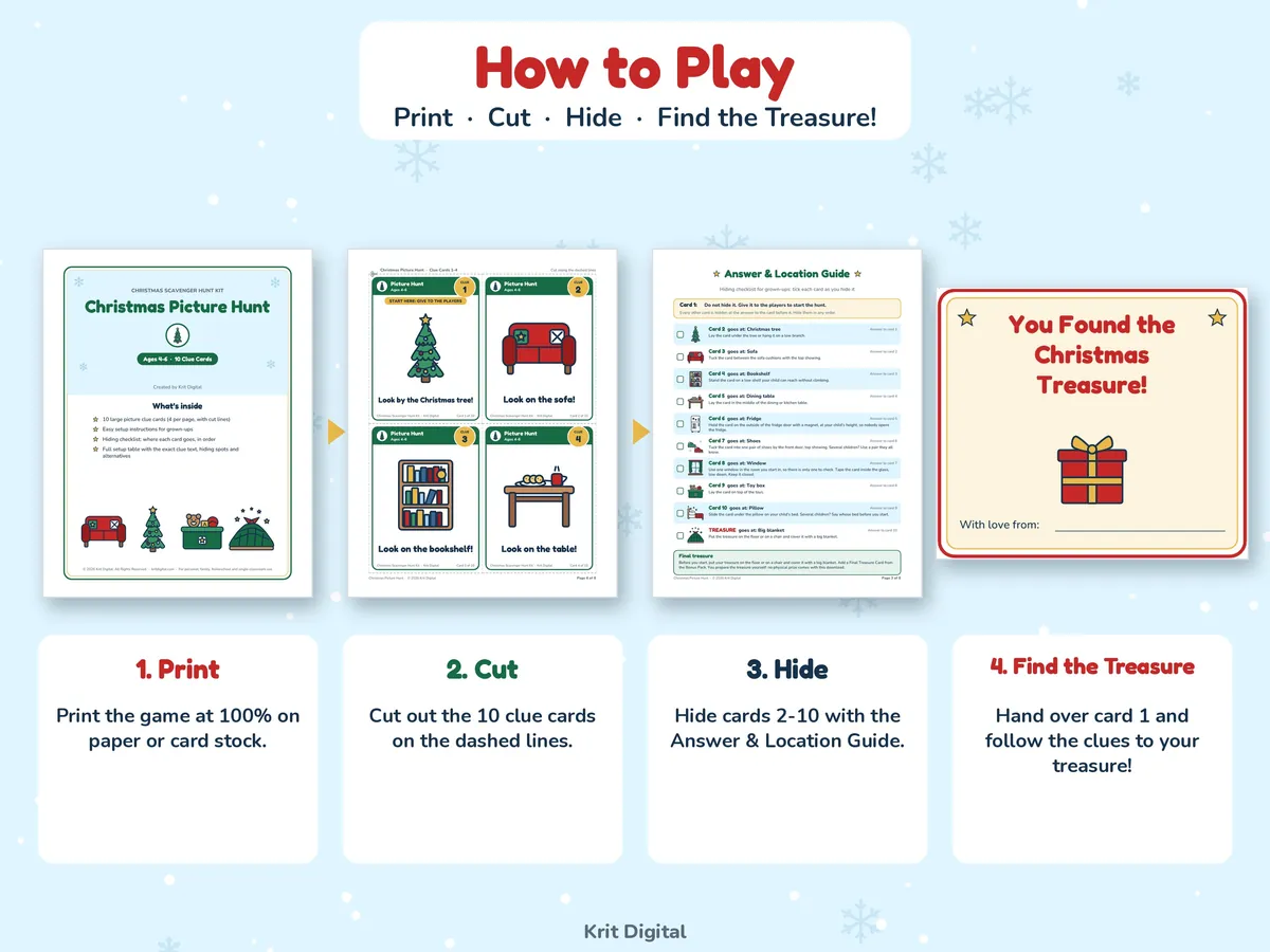 Christmas treasure hunt in four steps: print, cut out the clue cards, hide them using a location guide, then hand over card 1