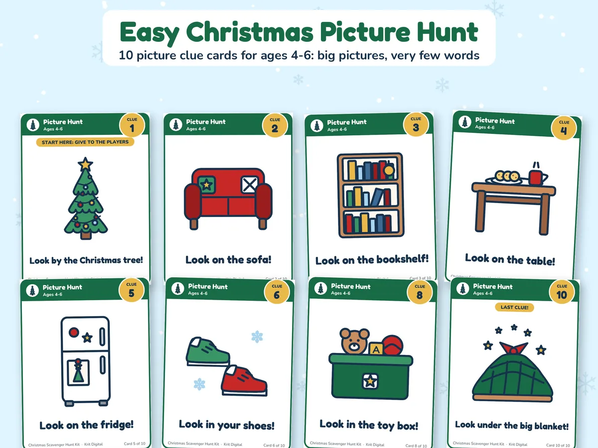 Picture clue cards for young kids showing a Christmas tree, a sofa, a bookshelf, a table, a fridge, shoes, a toy box and a blanket