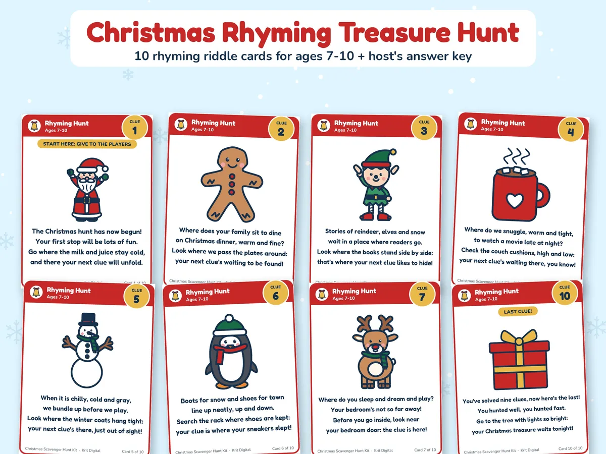 Rhyming treasure hunt clue cards for ages 7 to 10, each with a Christmas character and a four-line riddle