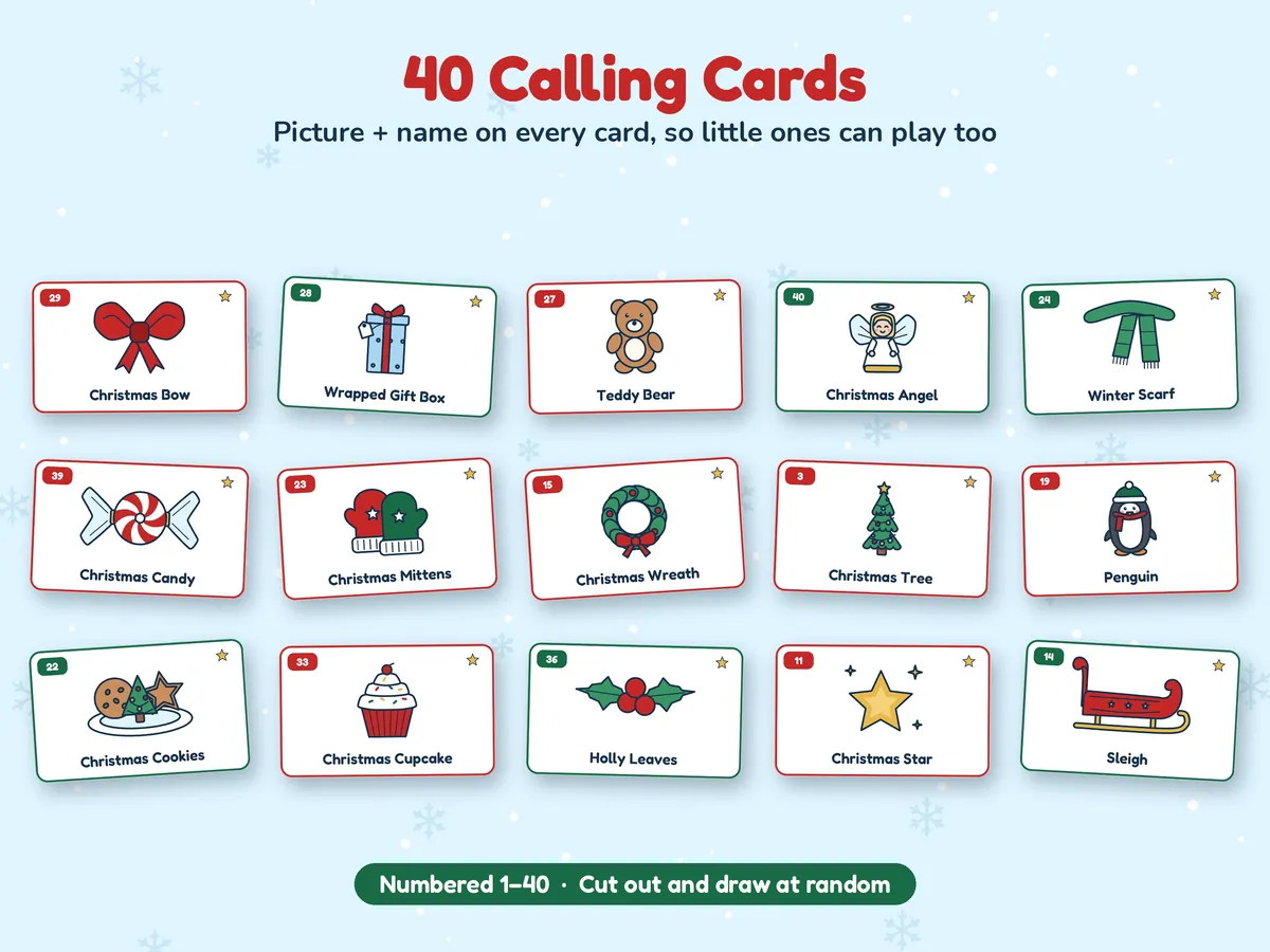 Christmas bingo calling cards with a picture and a name, including a teddy bear, penguin, Christmas tree and sleigh