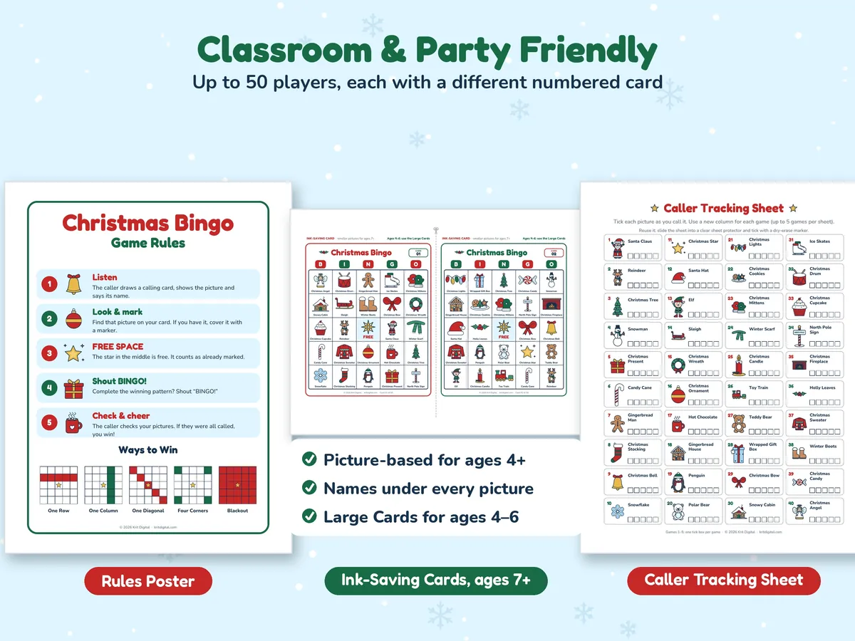 Christmas bingo rules poster, a page with two smaller bingo cards and a caller tracking sheet for a classroom game