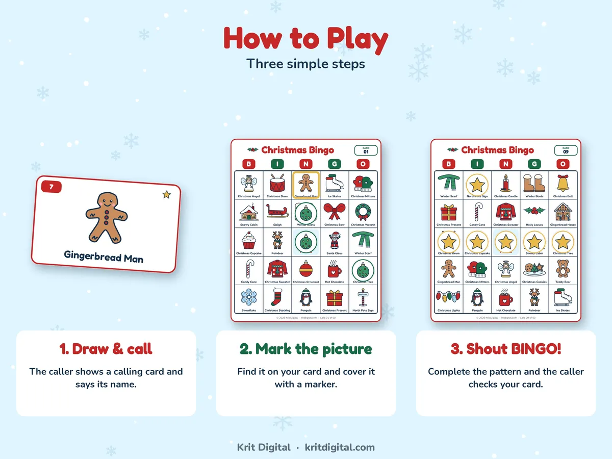 How to play Christmas bingo in three steps: draw and call a card, mark the picture, then shout bingo