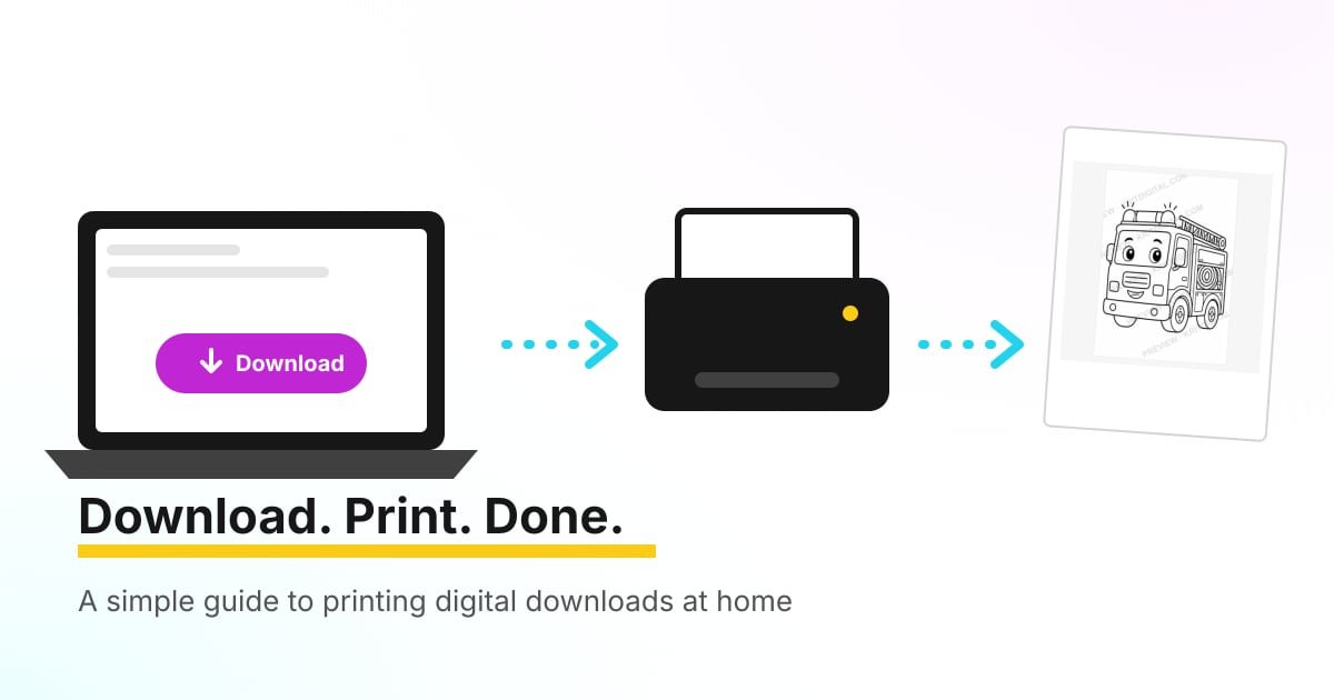 Illustration of a laptop download button, a home printer and a freshly printed fire truck coloring page