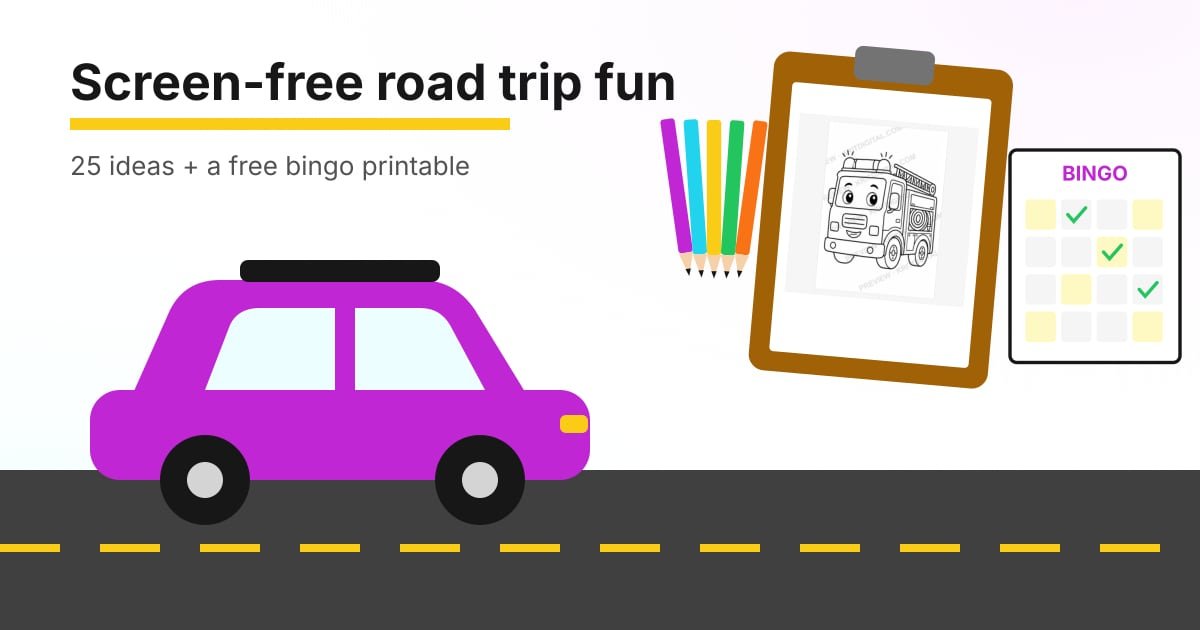 Illustration of a family car on the road with a clipboard of coloring pages, crayons and a road trip bingo card