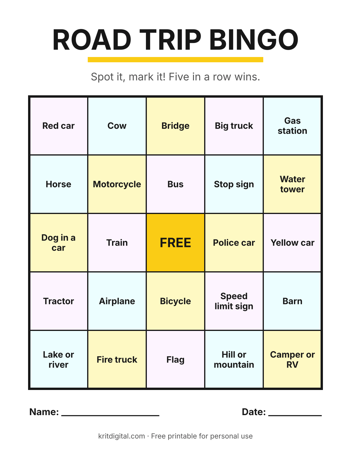 Printable road trip bingo card with 25 squares including red car, cow, bridge, truck, gas station and a free space in the middle