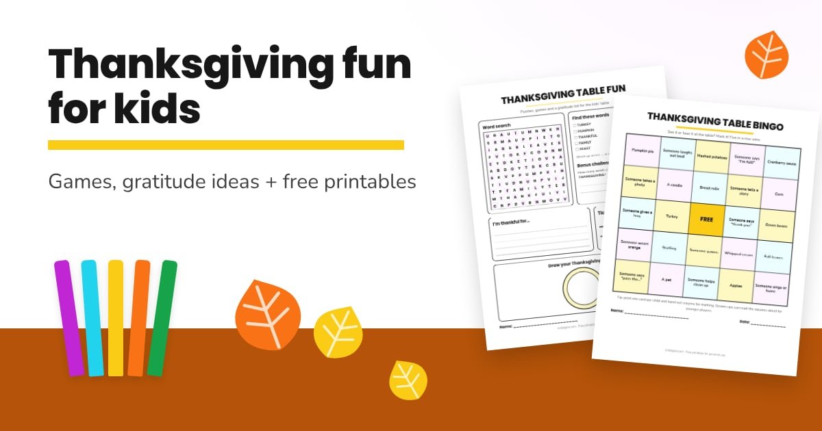Illustration of a free Thanksgiving activity placemat and table bingo card on a table with crayons and fall leaves