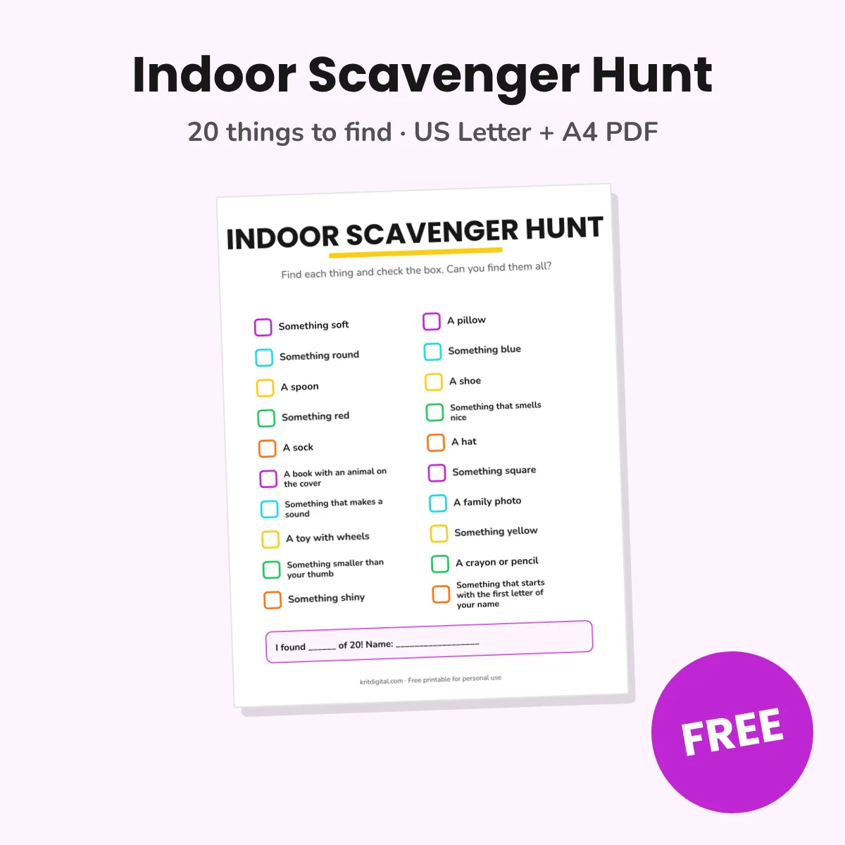 Free printable indoor scavenger hunt checklist for kids with 20 things to find and colorful checkboxes