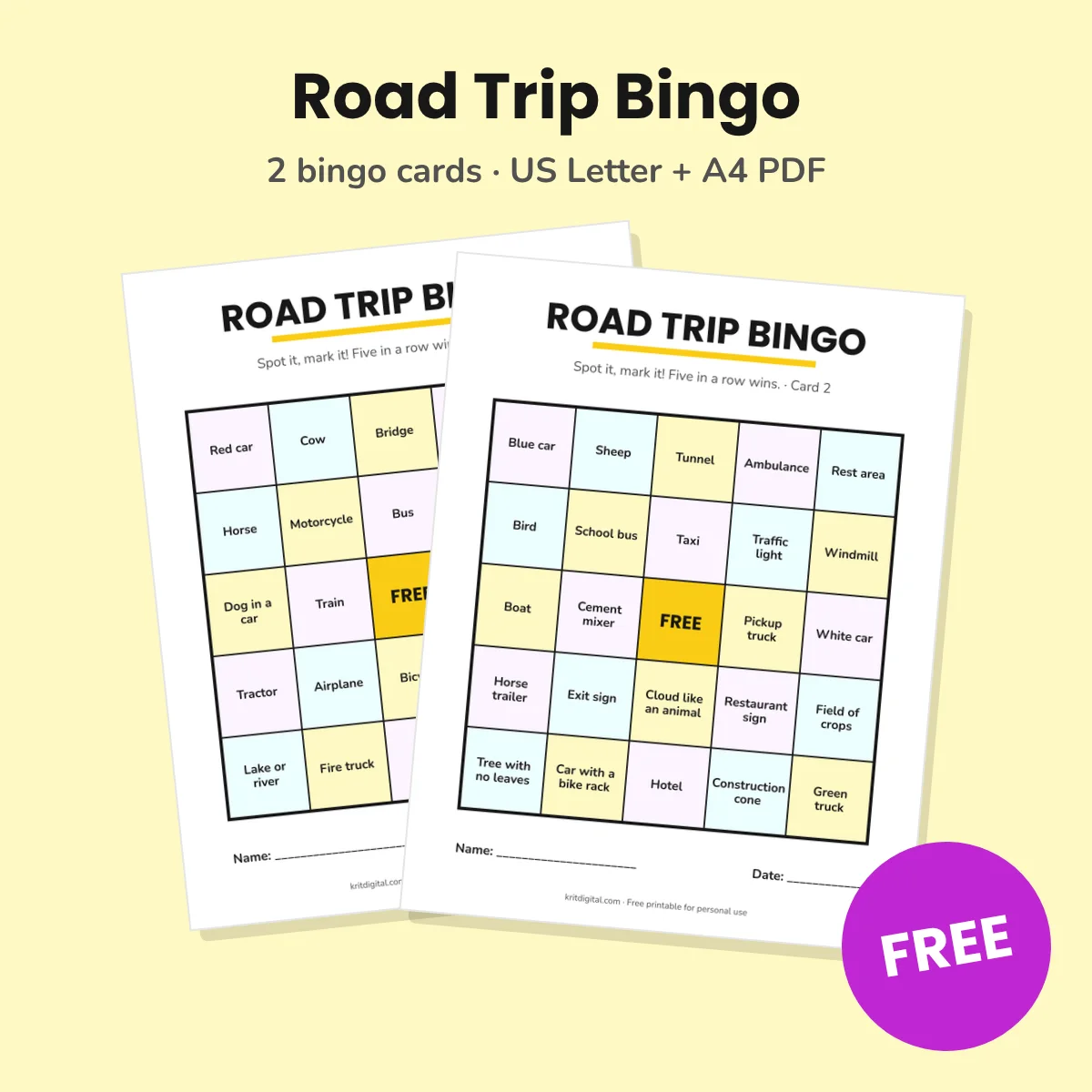 Two free printable road trip bingo cards with squares like red car, cow, bridge, school bus and a free space