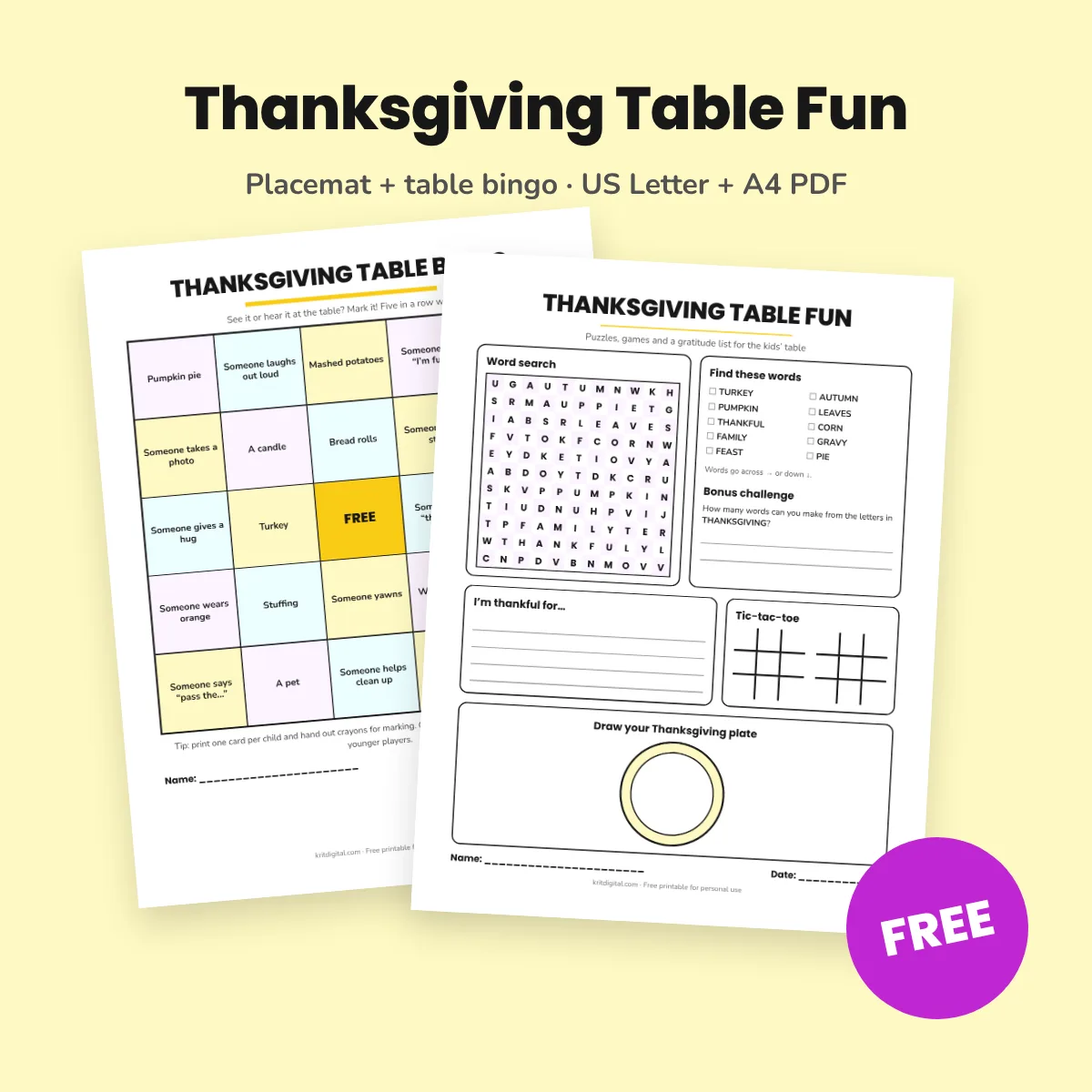 Free printable Thanksgiving Table Fun placemat with a word search and tic-tac-toe, next to a Thanksgiving table bingo card