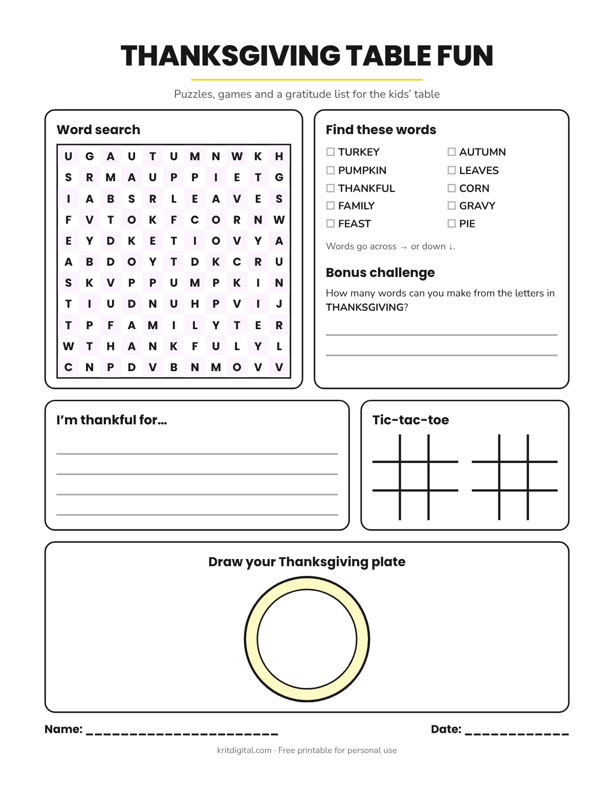 Free printable Thanksgiving Table Fun placemat with a word search, gratitude lines, tic-tac-toe and a plate to draw on