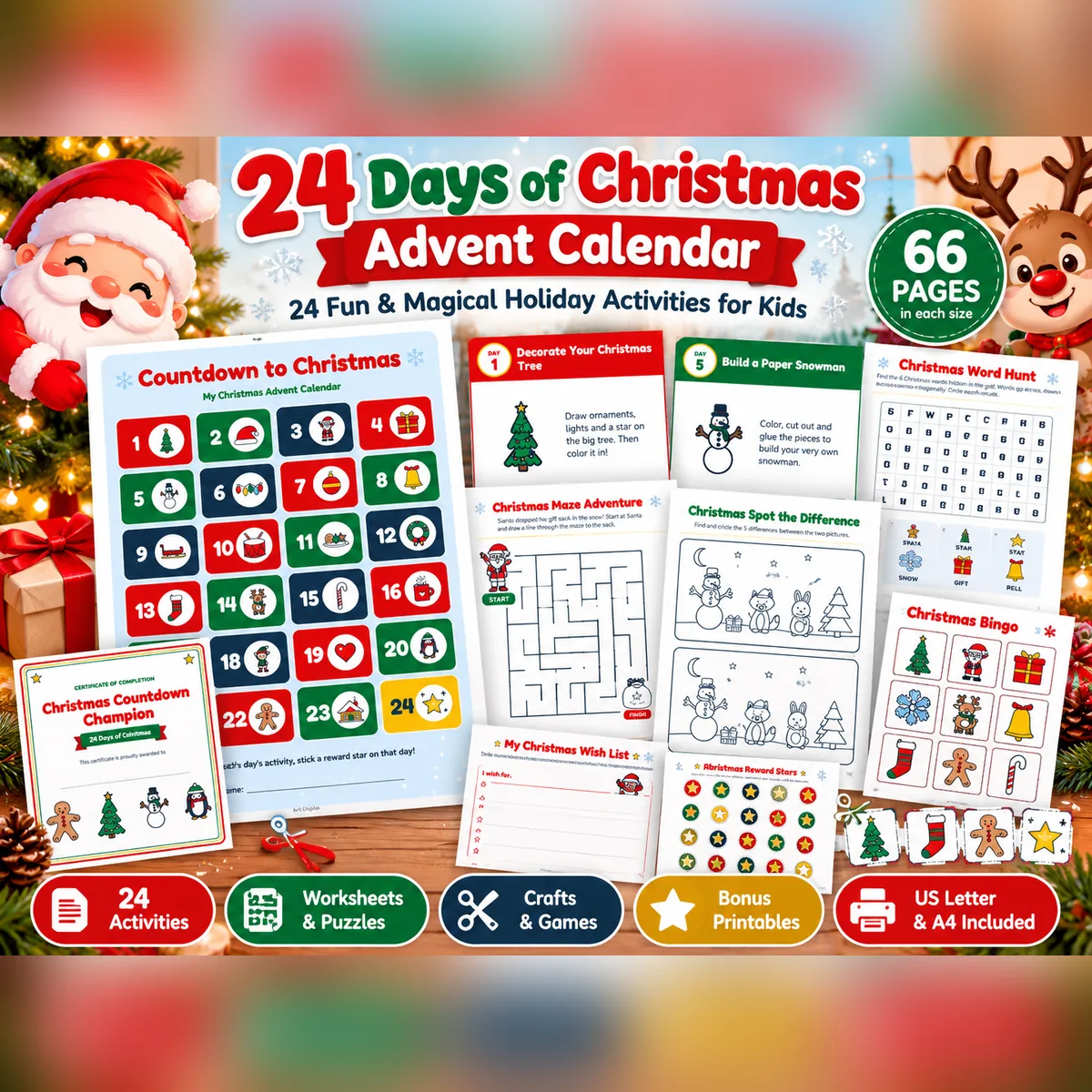 24 Days of Christmas Advent Calendar cover with Santa and a reindeer, showing the countdown chart, daily activity cards, a maze, a word hunt and reward stars, labeled 66 pages in each size