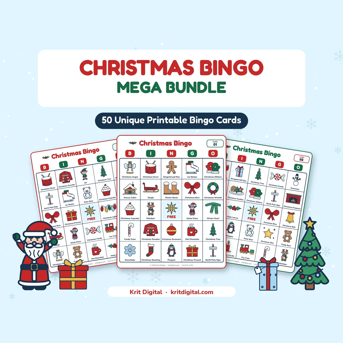 Christmas Bingo Mega Bundle cover showing three picture bingo cards with Santa, a Christmas tree and presents, labeled 50 unique printable bingo cards