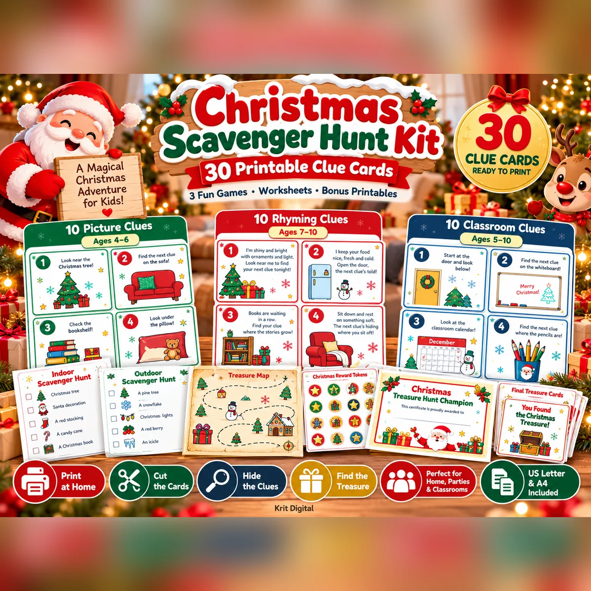 Christmas Scavenger Hunt Kit cover with Santa and a reindeer, showing picture, rhyming and classroom clue cards, checklists, a treasure map, reward tokens and a certificate, labeled 30 clue cards