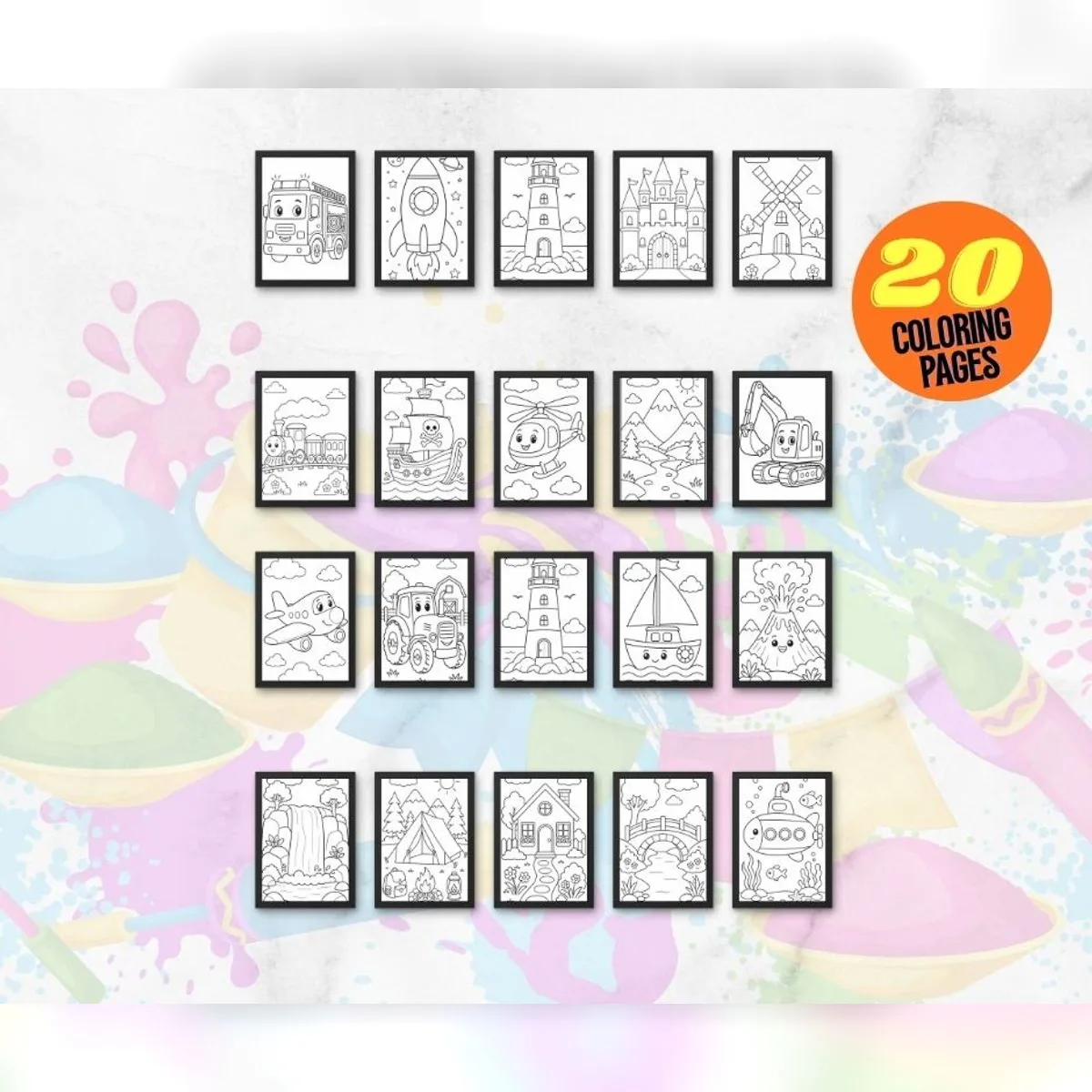 Preview grid of 20 printable kids coloring pages including a fire truck, rocket, castle, pirate ship and submarine